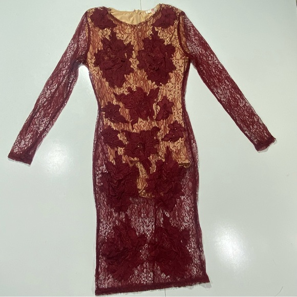 Luxxel Maroon Sheer Net Embroidered Floral Bodycon Dress With Nude Bodysuit M - Picture 1 of 15